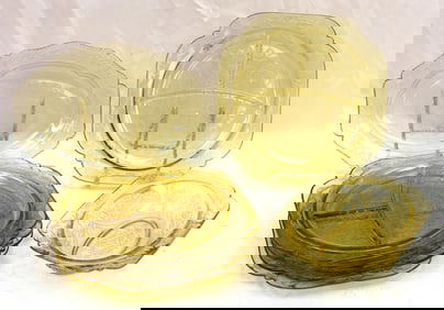 Lot of 7 pieces of yellow depression glass incl 5 divided plates, open vegetable, plate & oval bowl