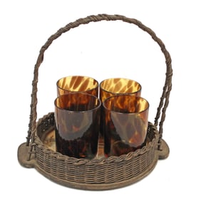 Great set of 4 tortoise glass tumblers in serving basket
