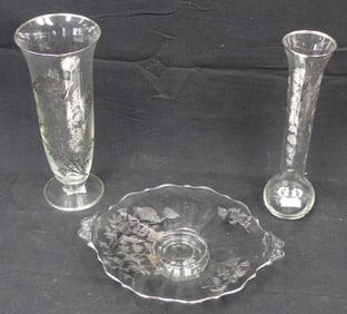 Lot of 3 pieces of silver overlay etched items incl 2 vases & a plate