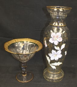 Lot of 2 hand painted gold overlay vases
