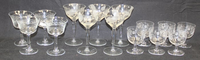 Lot of 15 pieces of etched stemware in 3 different sizes