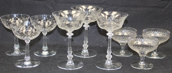 Lot of 9 etched wine glasses in 3 sizes