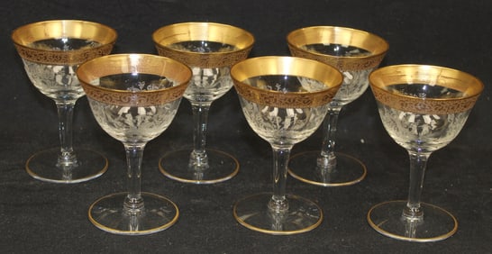 Set of 6 etched gold rimmed wine glasses