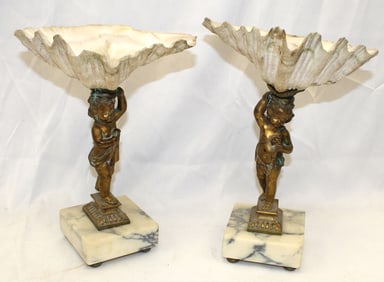 Pr of gilt bronze cherubs holding shells on marble bases