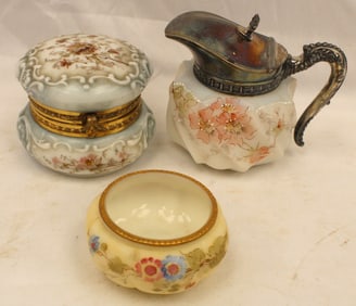 Lot of Victorian glass incl Wavecrest dresser box, Mt. Washington creamer & small open dresser box
