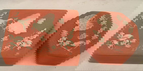 Lot of 2 vintage pink incolay dresser boxes