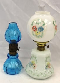 Lot of 2 vintage fairy lamps incl a blue glass & a porcelain hand painted example