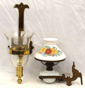 Lot of 2 wall sconce lamps incl a brass candle sconce w clear glass bell shade & a kerosene example