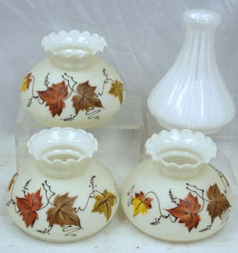 Lot of 3 white glass lamp shades incl a matched set of 3 w hand painted leaf dec