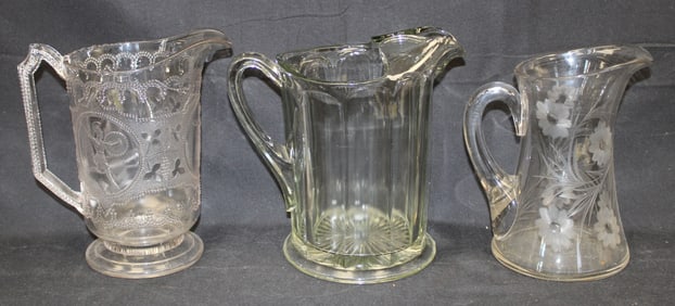 Lot of 3 pressed/etched glass pitchers