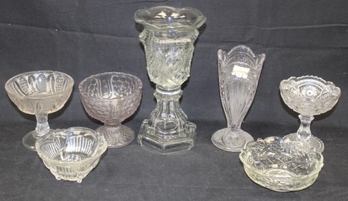 Lot of 7 pressed glass compotes, ftd bowls & a bowl