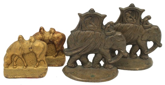 Lot of 2 pairs of cast iron bookends incl riderless horses & elephants w rider in a howdah