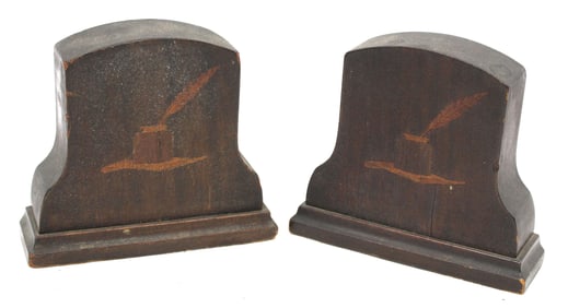 Pr of wooden inlaid bookends w feather quill in inkwell motif