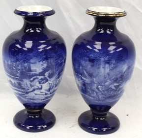 Pr of blue & white scenic porcelain vases w children/cherubs and mountain scenic decoration - in the