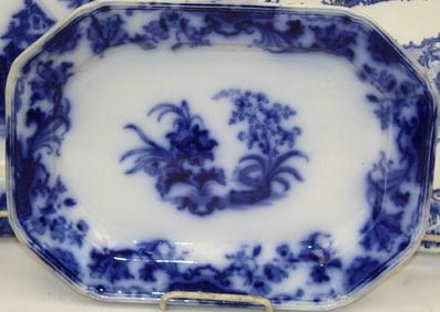 Lot of 2 Flow Blue platters incl TF & Co "Rhone" (as is) & Carlton floral dec