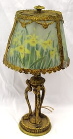 Antique painted boudoir lamp w reverse painted shade w daffodils decoration - as found in need of