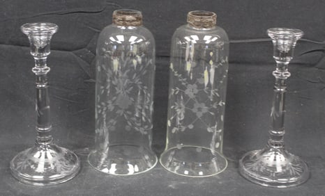 Pair of etched glass candle stick lamps w matched pair of tulip shades