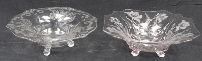 Lot of 2 etched glass ftd ruffled edge bowls