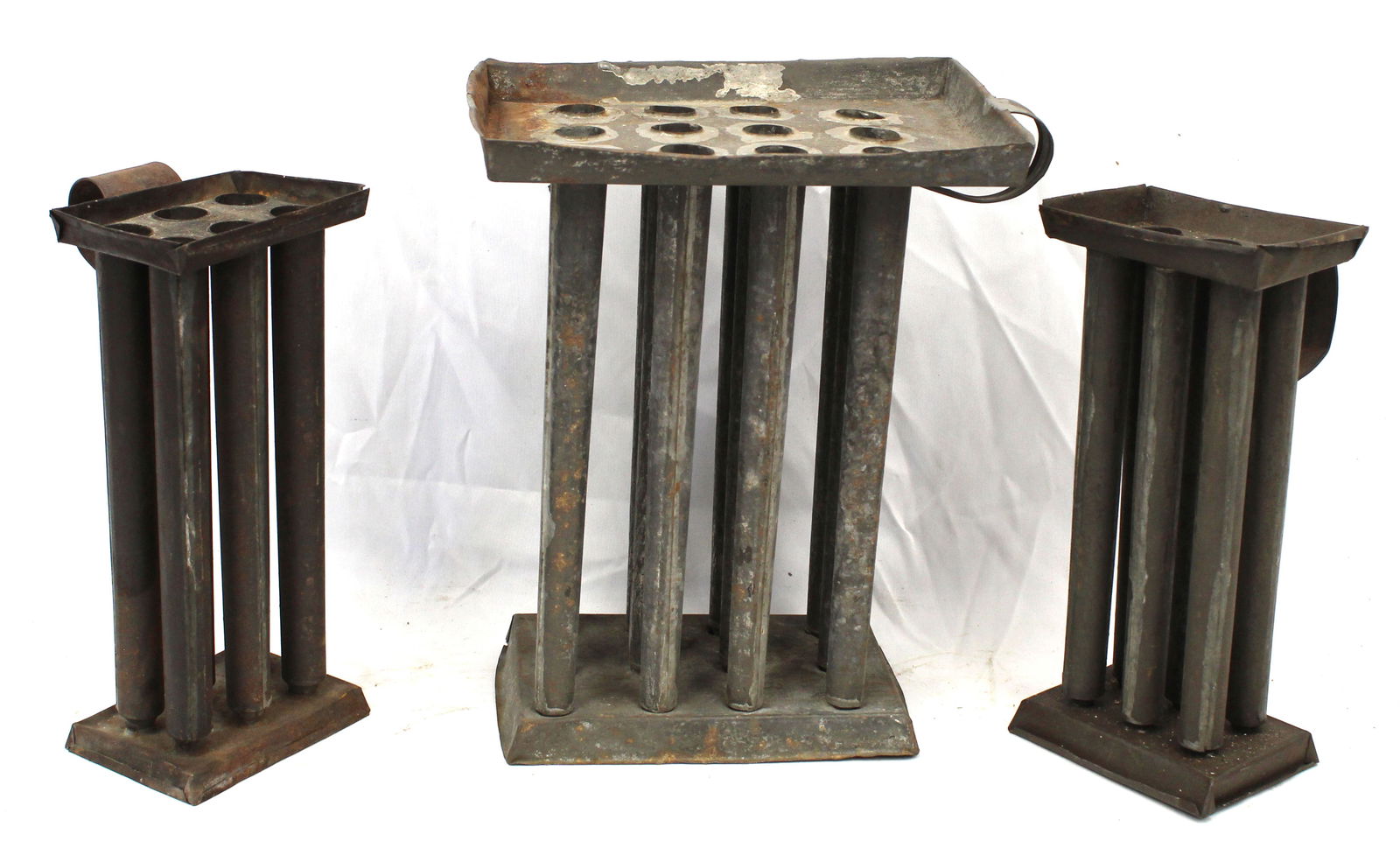 Lot of 3 antique tin candle molds - two 6 hole & one 12 hole - 9 1/2" - 11" tall (1 of 4)