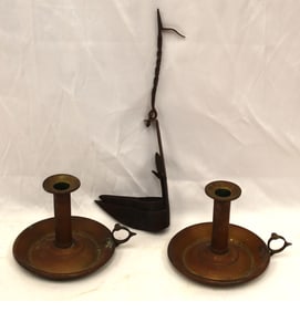 Pair of tin chamber sticks in red together w an iron betty lamp