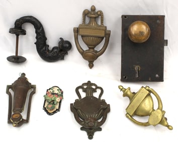 Lot of antique door hardware incl doorknockers, door knob, etc