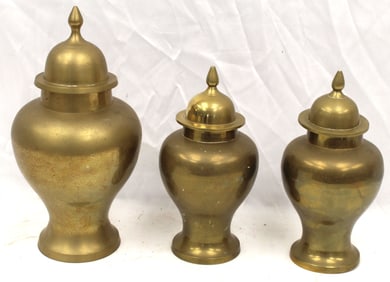 Set of 3 brass Asian influenced cannisters incl a pair - 9 1/2" & 11 1/2"
