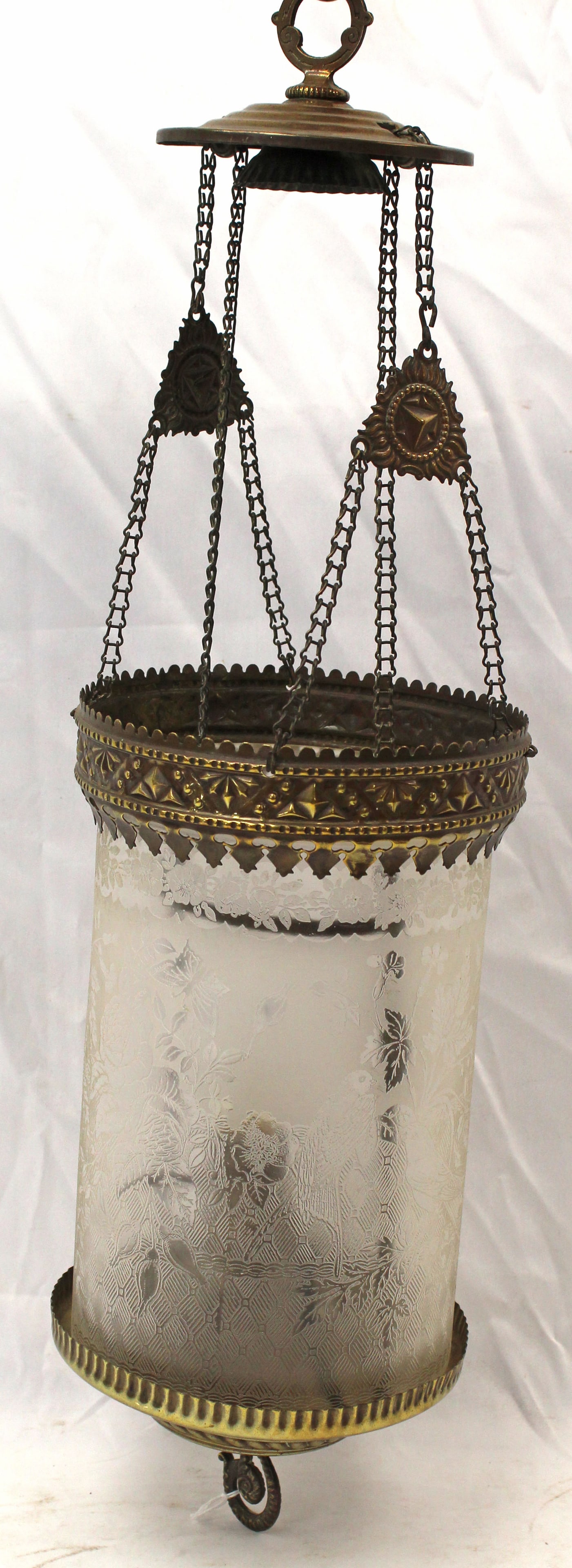 Victorian brass & etched glass electriefied hanging light fixture - approx 16" tall (1 of 5)