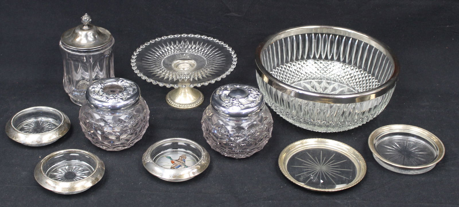 Lot of 10 pieces of silver overlay/ trimmed glass items incl bowls, candy jars, ashtrays, etc (1 of 7)