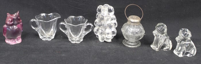 Lot of 7 pieces of small glass incl paperweight grapes, pink owl, dogs, shaker & creamer & sugar