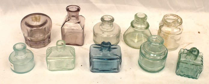 Lot of 10 glass inks in various shapes & colors incl aqua, blue, pink & clear