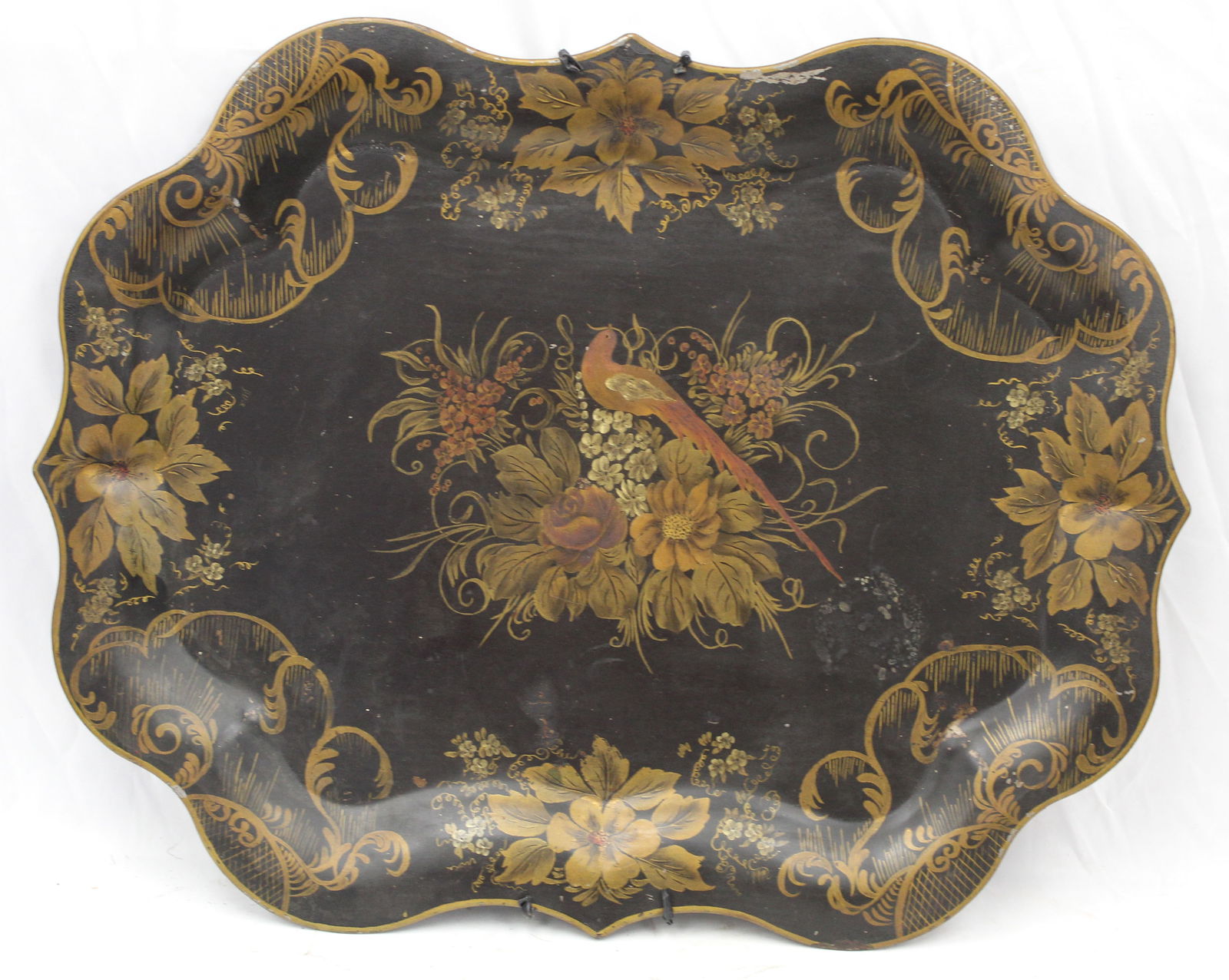 Antique tole tray w bird & floral center decoration artist signed L.S. Rouse - 20"x25" (1 of 6)