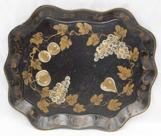 Antique tole tray w gold painted fruit decoration - 17"x21"