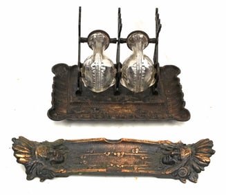 Lot of 2 Victorian desk items incl a double inkwell w glass ink pots & a Native American motif pen