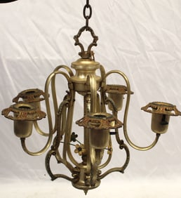 Brass colored hanging electric 5 arm candle light fixture - 19"  tall