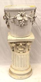 Vintage Italian earthenware jardinere on plaster pillar form pedestal - 27 1/2" x11" diam