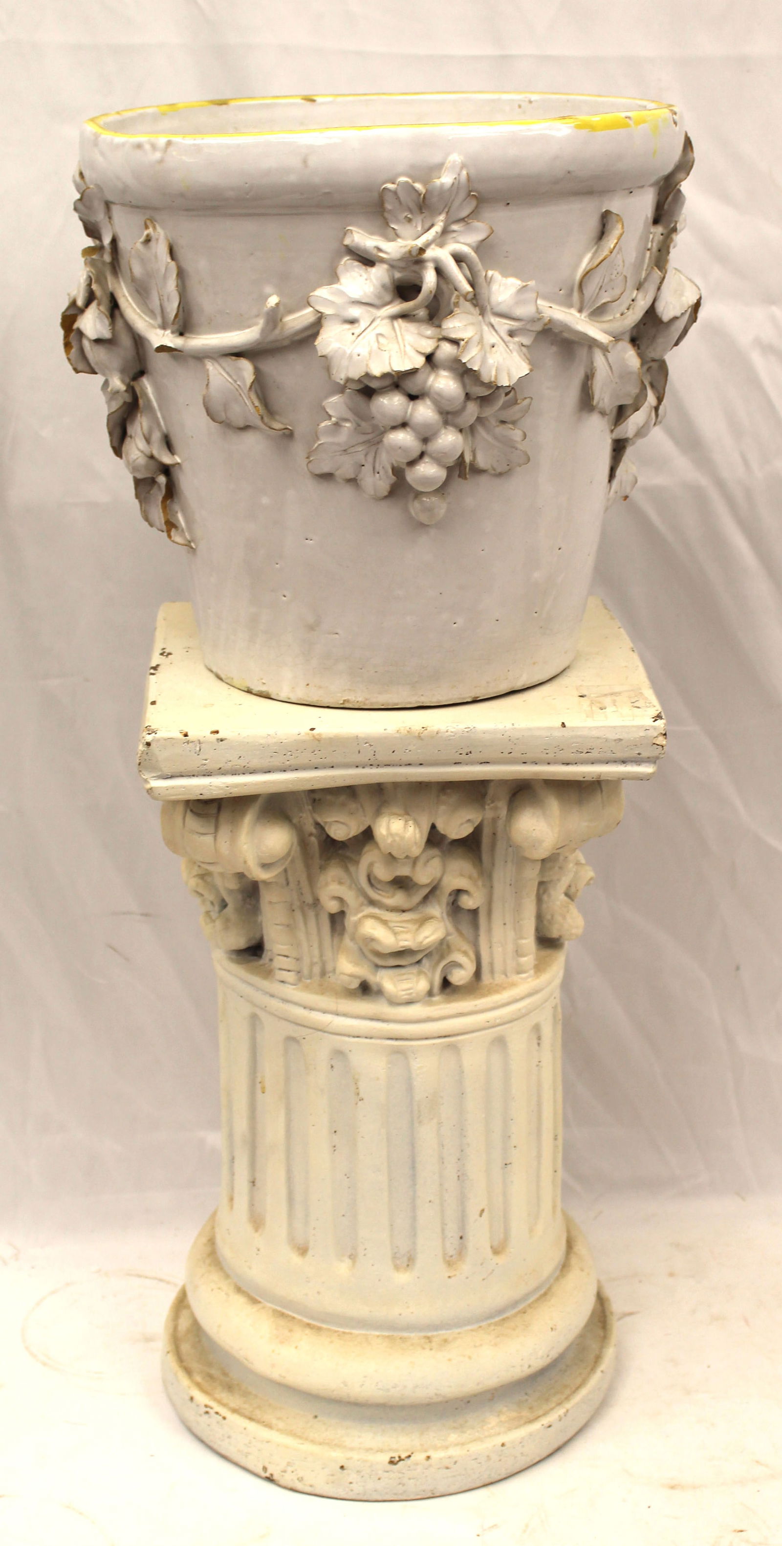 Vintage Italian earthenware jardinere on plaster pillar form pedestal - 27 1/2" x11" diam (1 of 6)