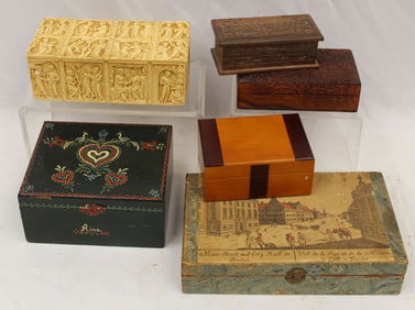 Lot of 6 small boxes incl wooden carved, wooden hand painted, bone & paper covered - smallest is