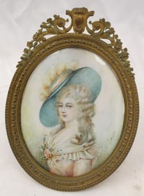 Antique Miniature w/c portrait on bone of a woman artist sgnd Leclare - 5 1/2"x4"