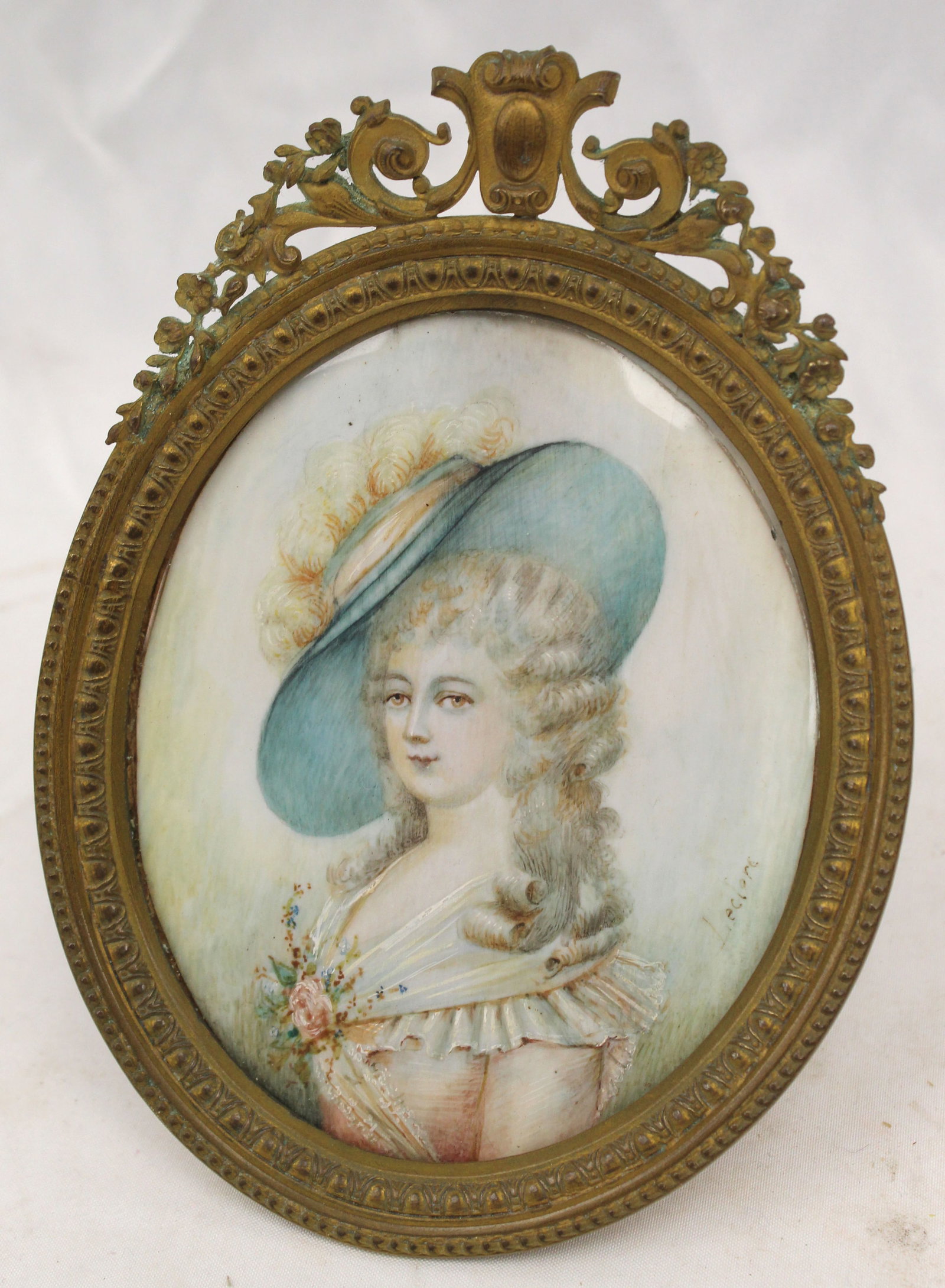 Antique Miniature w/c portrait on bone of a woman artist sgnd Leclare - 5 1/2"x4": Antique Miniature w/c portrait on bone of a woman artist sgnd Leclare - 5 1/2"x4"