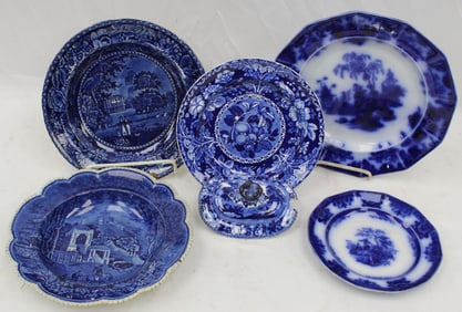 Lot of 6 pieces of antique blue & white incl flow blue small & large plates plus Staffordshire