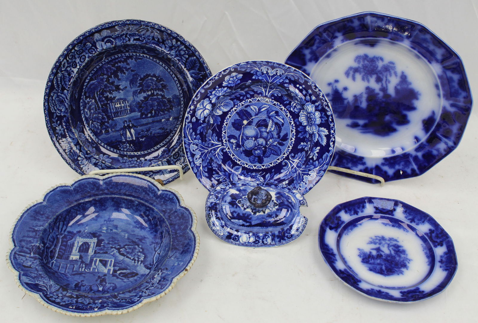 Lot of 6 pieces of antique blue & white incl flow blue small & large plates plus Staffordshire (1 of 9)