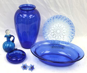 Lot of 7 pieces of cobalt/blue glass incl vase, bowls, cruet, tiebacks & signed Sydenstricker Cape