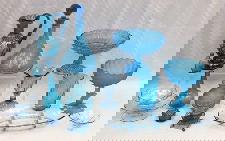 Lot of 15 pieces of blue glass incl compotes, ftd dishes, vase, decanter, bowls, etc