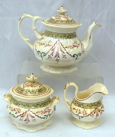Antique 3 pc hand painted tea set w teapot, creamer & sugar