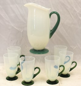 Opaque art glass lemonade set w green foot & handles