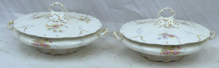 Matched pair of Wellsville Pottery Co porcelain covered serving bowls