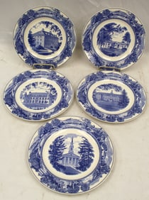 Set of 5 Wedgwood blue & white transferware plates with scenes from Middlebury College in VT