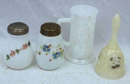 Lot of hand painted porcelain muffineers together w 2 iridescent items - bell & tankard