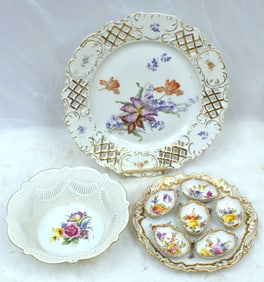 Lot of 3 pieces of hand painted German porcelain incl charger, egg plate & reticluated bowl