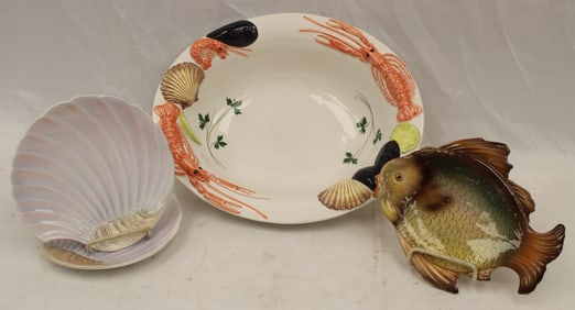 Lot of 4 porcelain seafood related serving pieces incl large bowl, fish plate & shell form plates